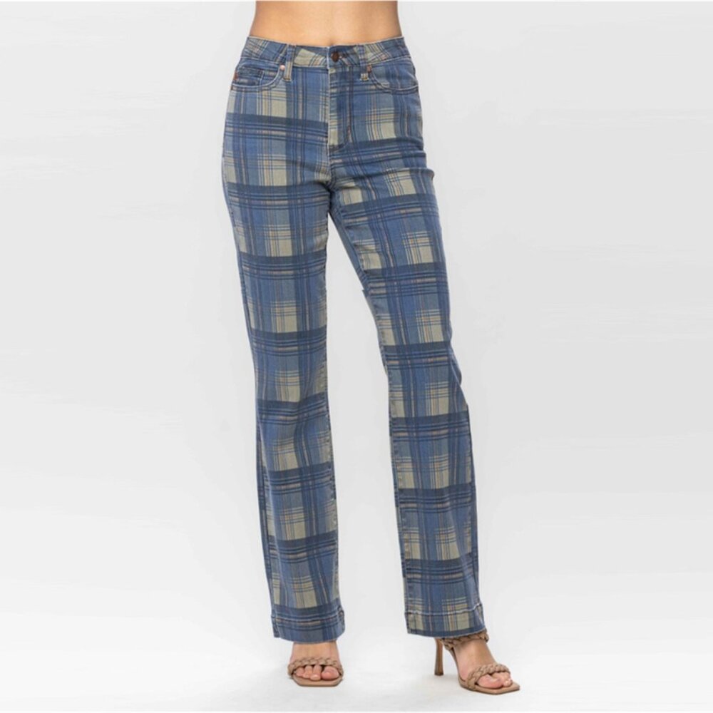 Plaid Blue and Tan Women Jeans